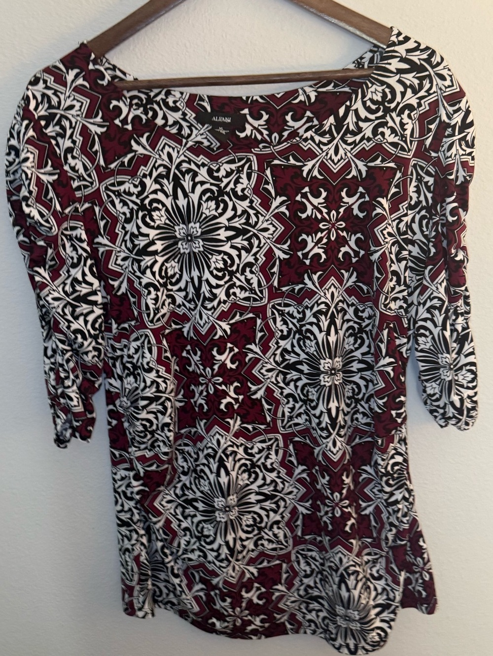 Alfani Burgundy, Black & White Medallion-Print Long Sleeve Top
